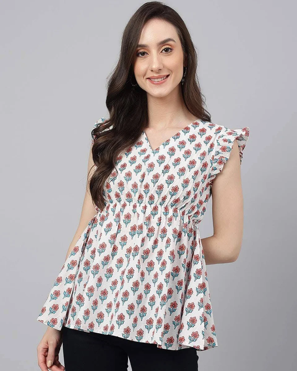 Floral Print V-Neck Top For Women